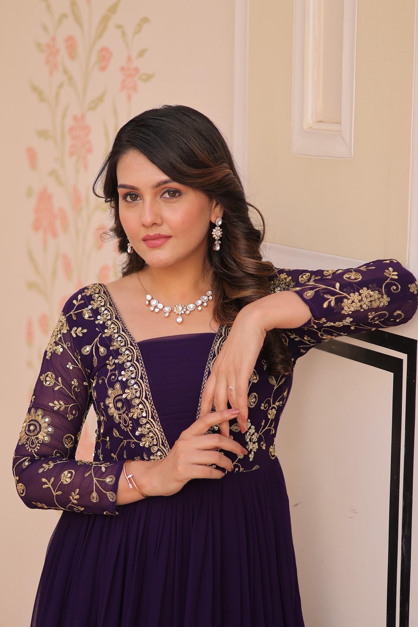 Purple Zari Embroidered work Gown