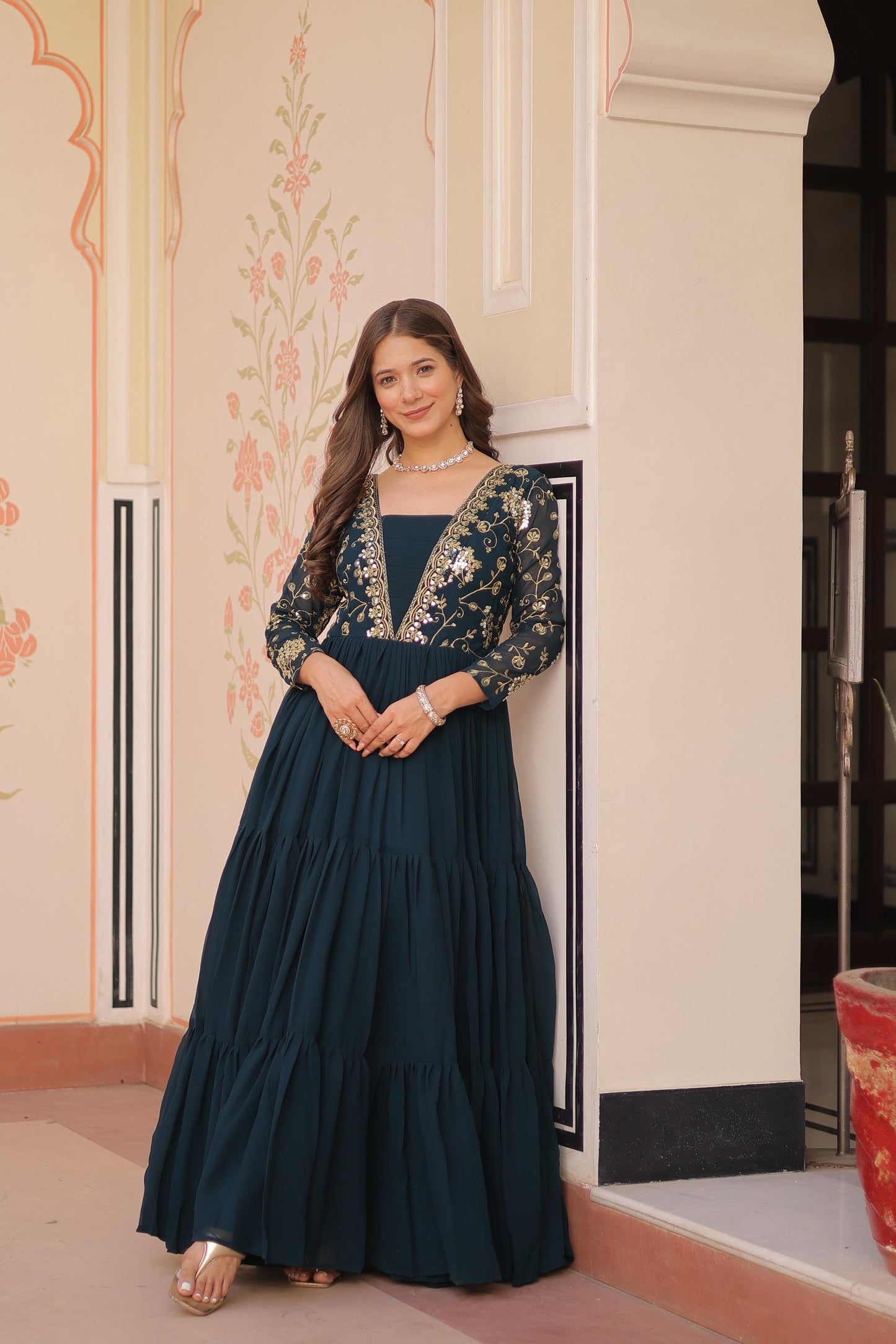 Rama Heavy Faux Blooming Embroidered Gown