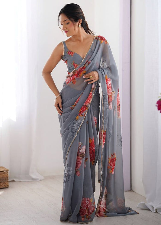 Grey Party Wear Georgette Saree
