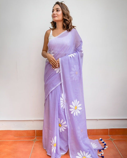 Purple Pure Plain Linen Cotton Saree