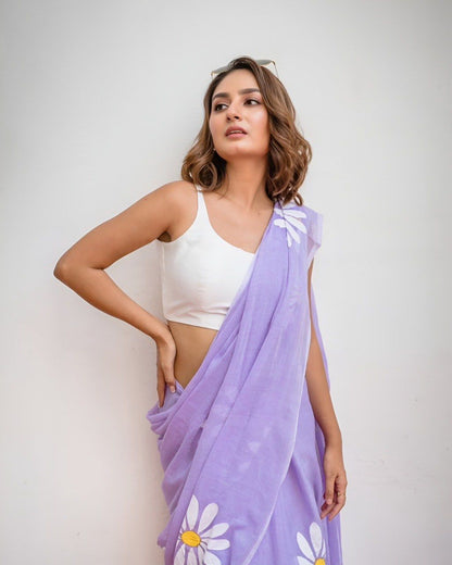 Purple Pure Plain Linen Cotton Saree