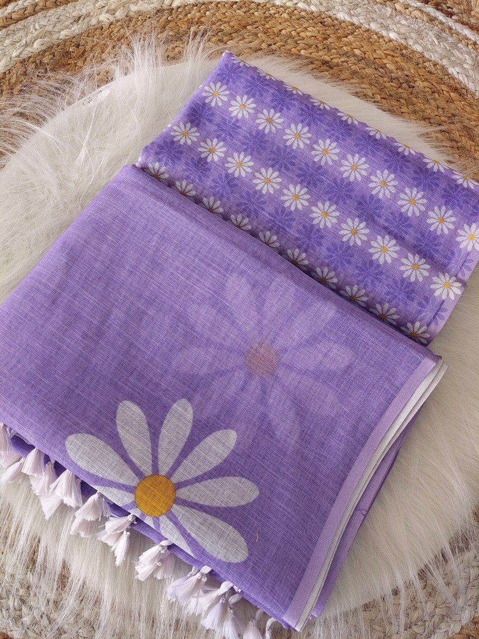 Purple Pure Plain Linen Cotton Saree
