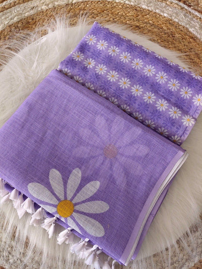 Purple Pure Plain Linen Cotton Saree