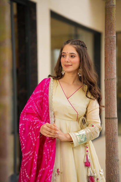 Off White Purely Handmade Anarkali Gown