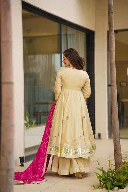 Off White Purely Handmade Anarkali Gown