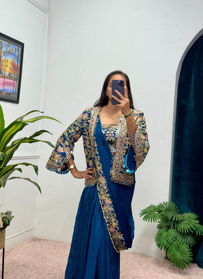 Royal Blue Chinon Embroidery Moti Saree