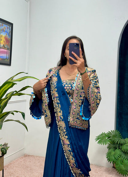 Royal Blue Chinon Embroidery Moti Saree