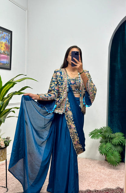 Royal Blue Chinon Embroidery Moti Saree