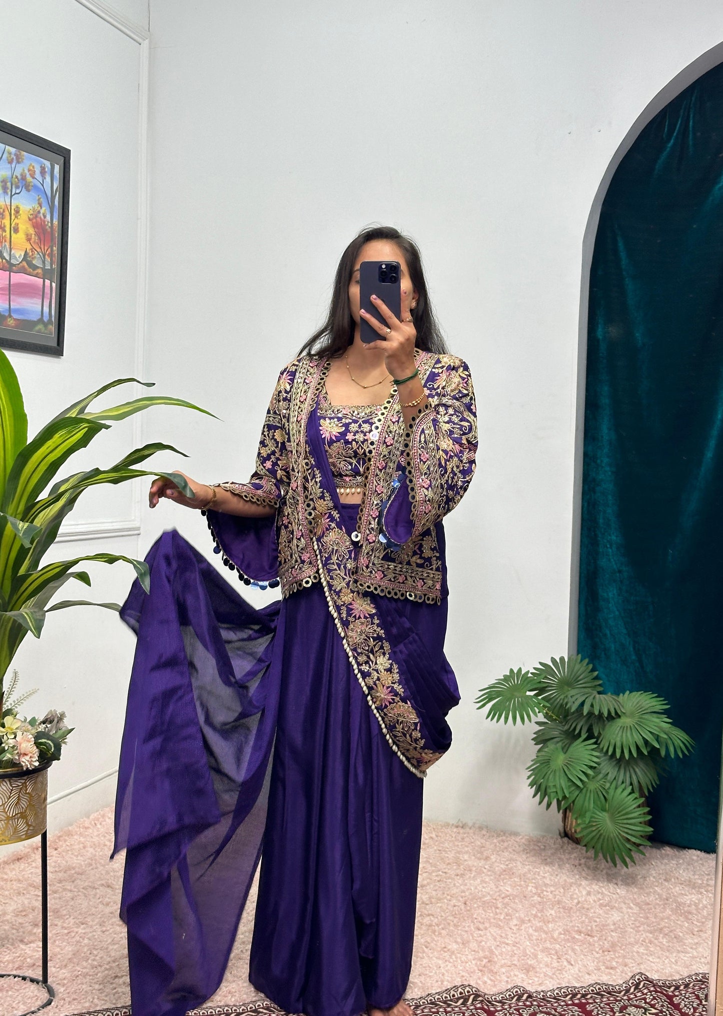 Purple Elegant Embroidery Wedding Saree