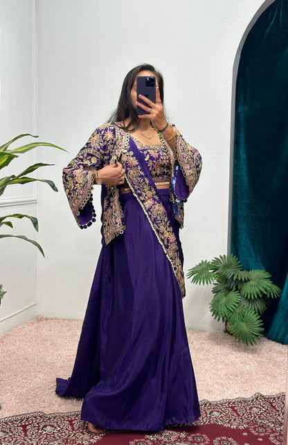 Purple Elegant Embroidery Wedding Saree