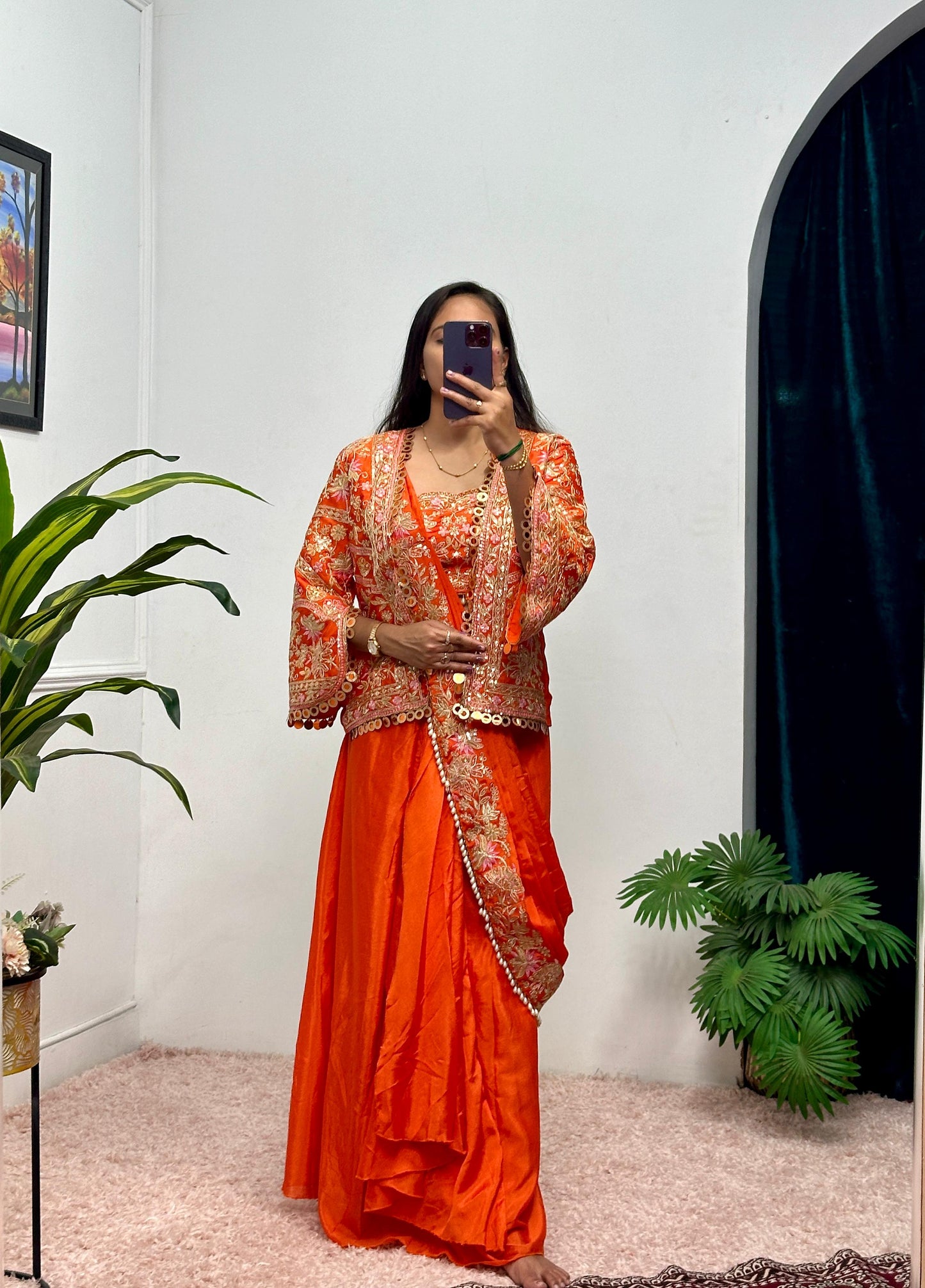 Orange Hevay Embroidery work Saree