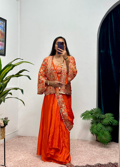 Orange Hevay Embroidery work Saree