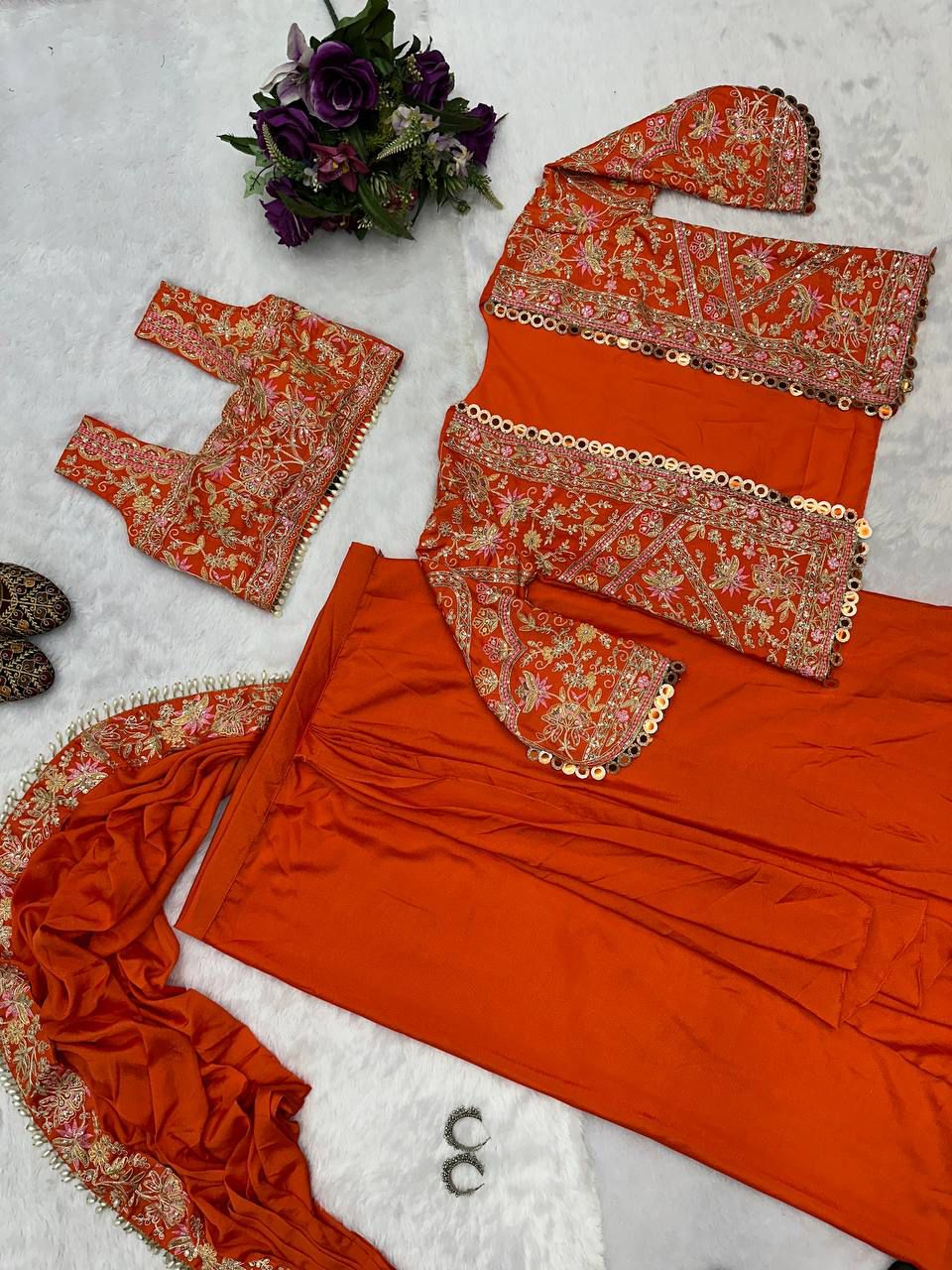 Orange Hevay Embroidery work Saree