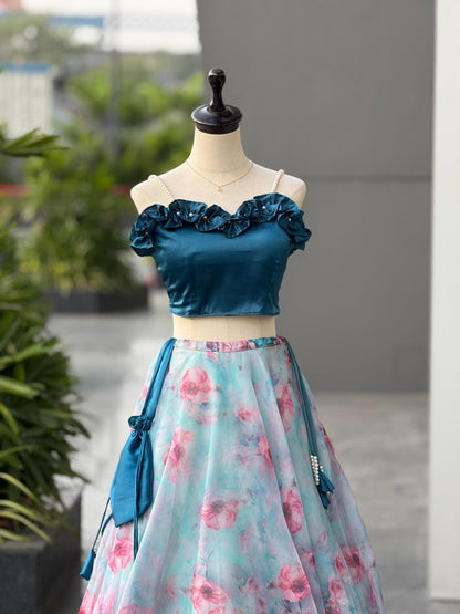 Sky Blue Pure Japan Satin Lehenga