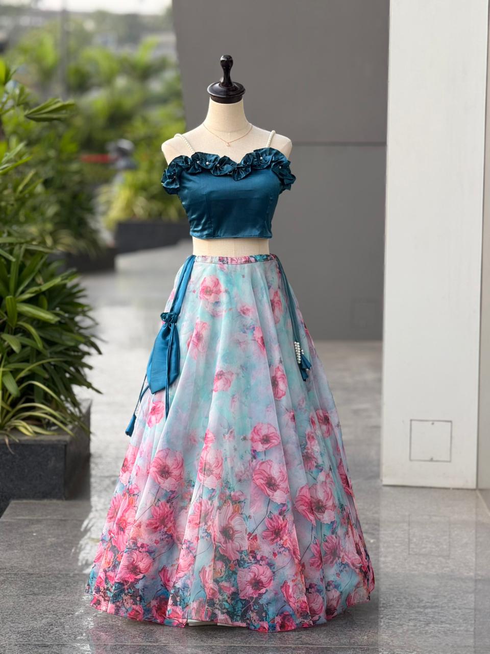 Sky Blue Pure Japan Satin Lehenga