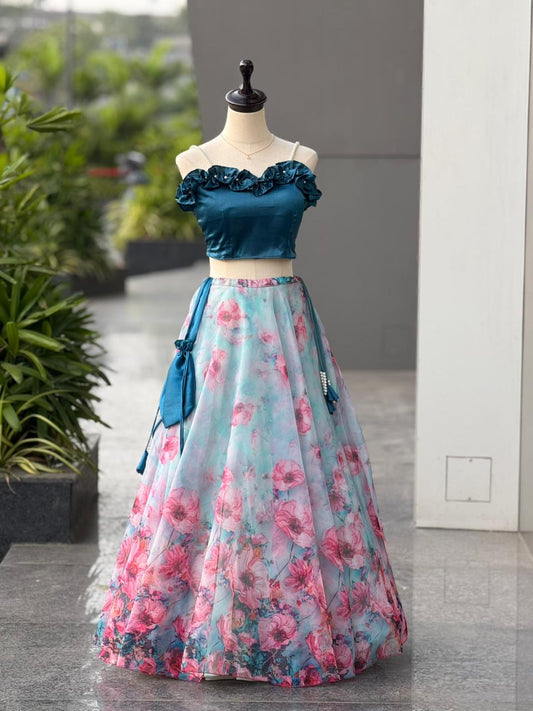 Sky Blue Pure Japan Satin Lehenga