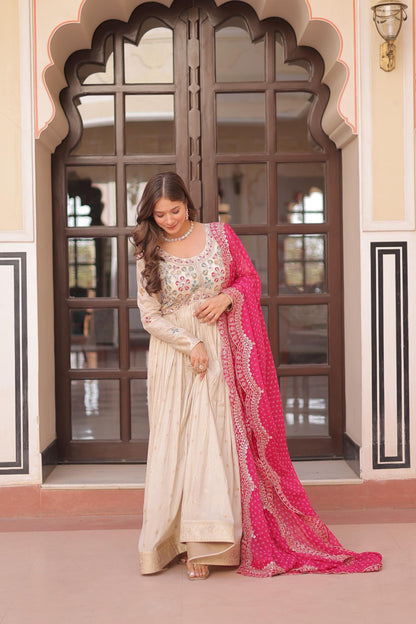 Cream Fully Stitched Gown with Pink Duppta