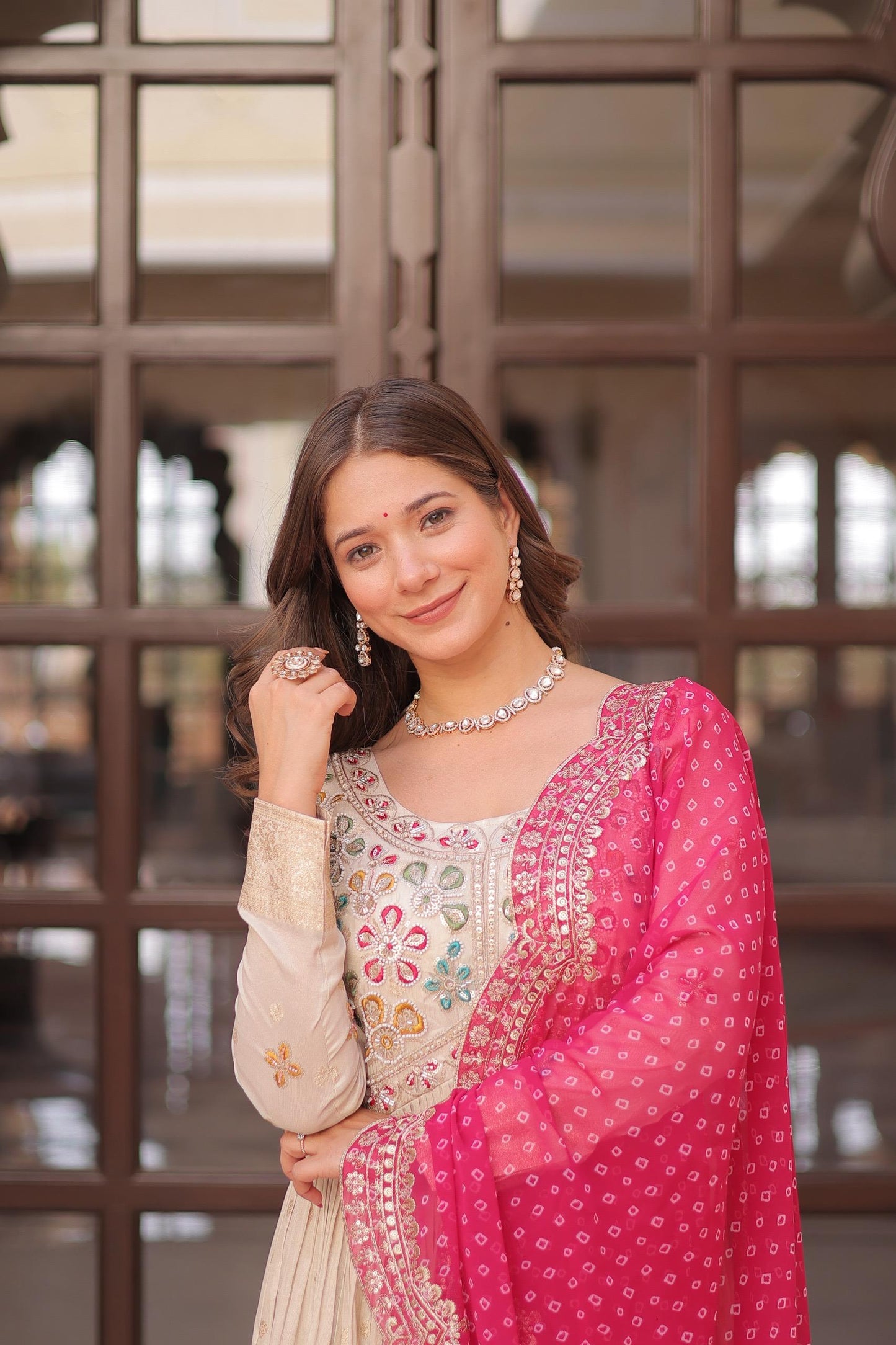 Cream Fully Stitched Gown with Pink Duppta