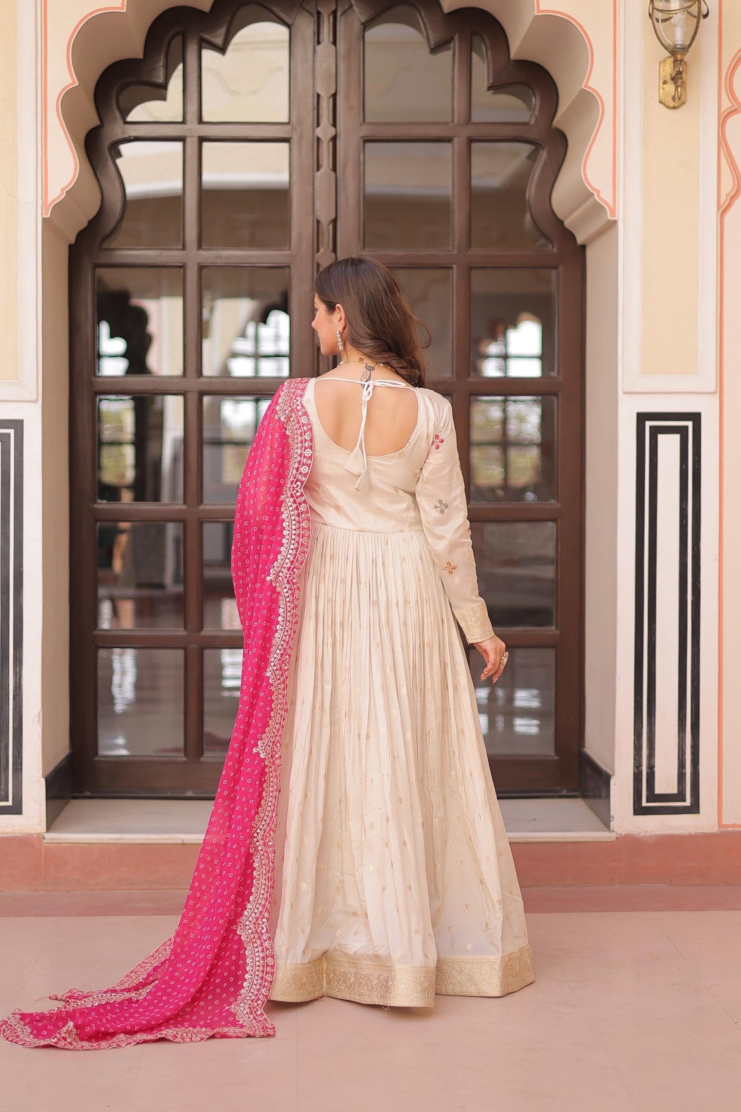 Cream Fully Stitched Gown with Pink Duppta