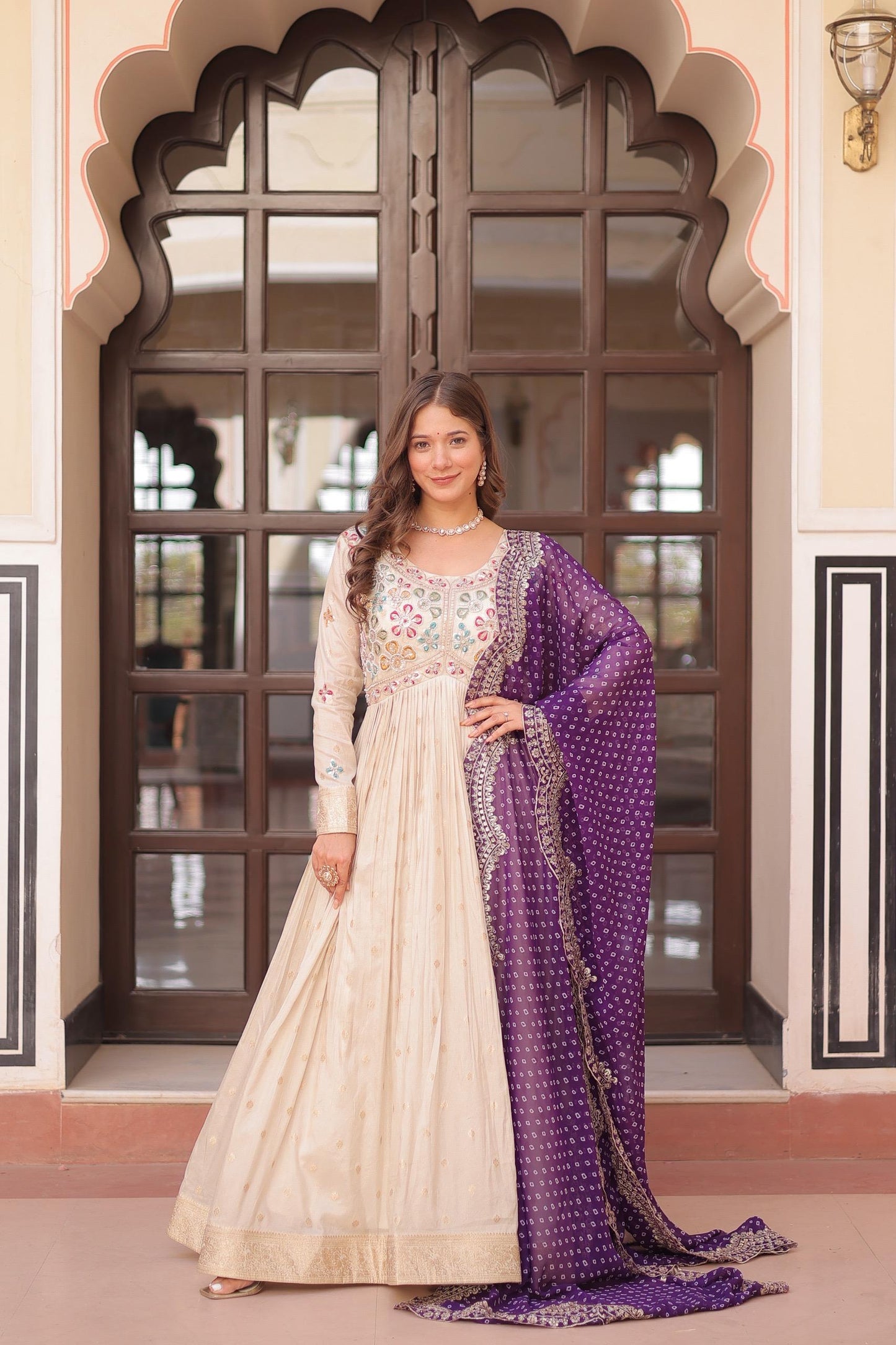 Cream Jacquard with Pearl Gown with Purple Duppta