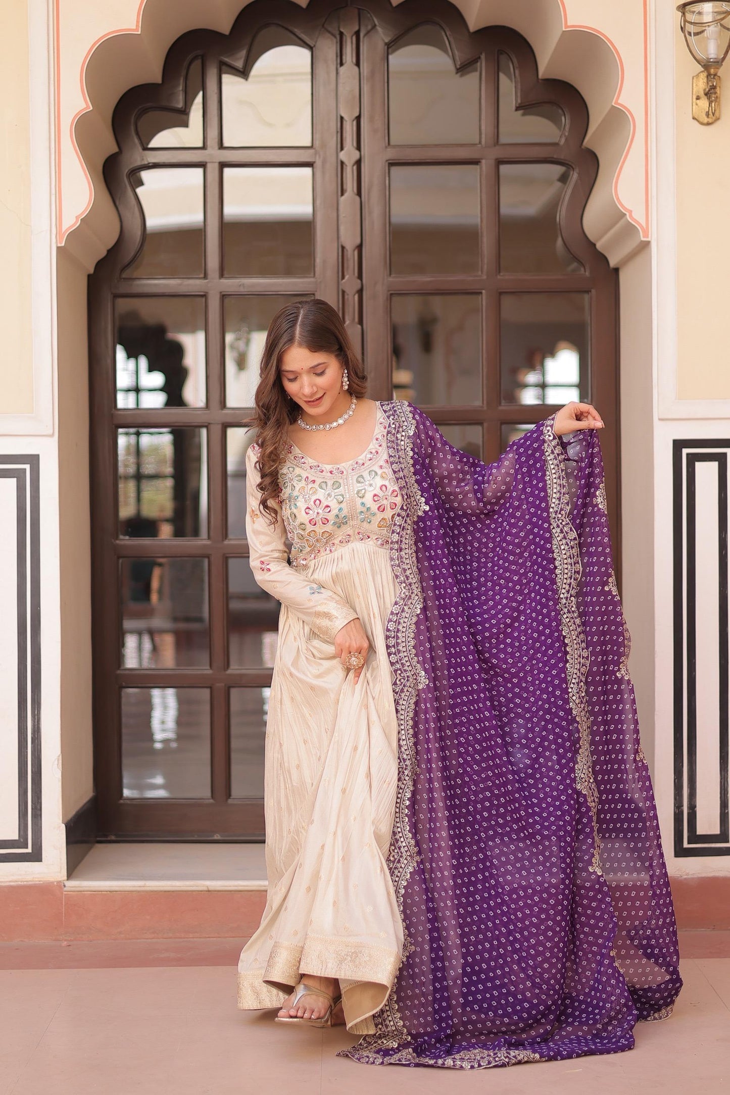 Cream Jacquard with Pearl Gown with Purple Duppta