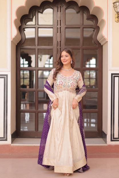 Cream Jacquard with Pearl Gown with Purple Duppta
