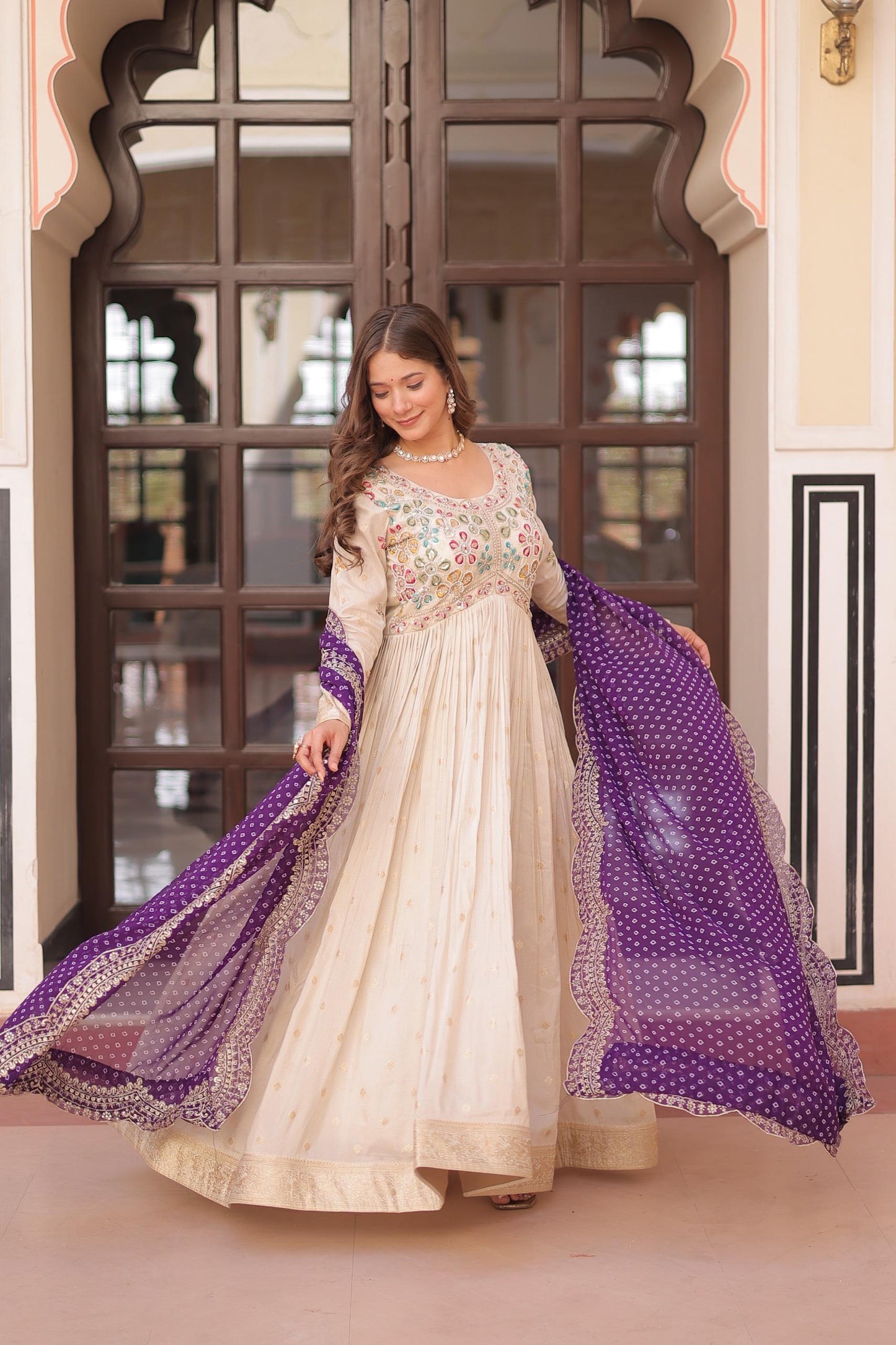 Cream Jacquard with Pearl Gown with Purple Duppta