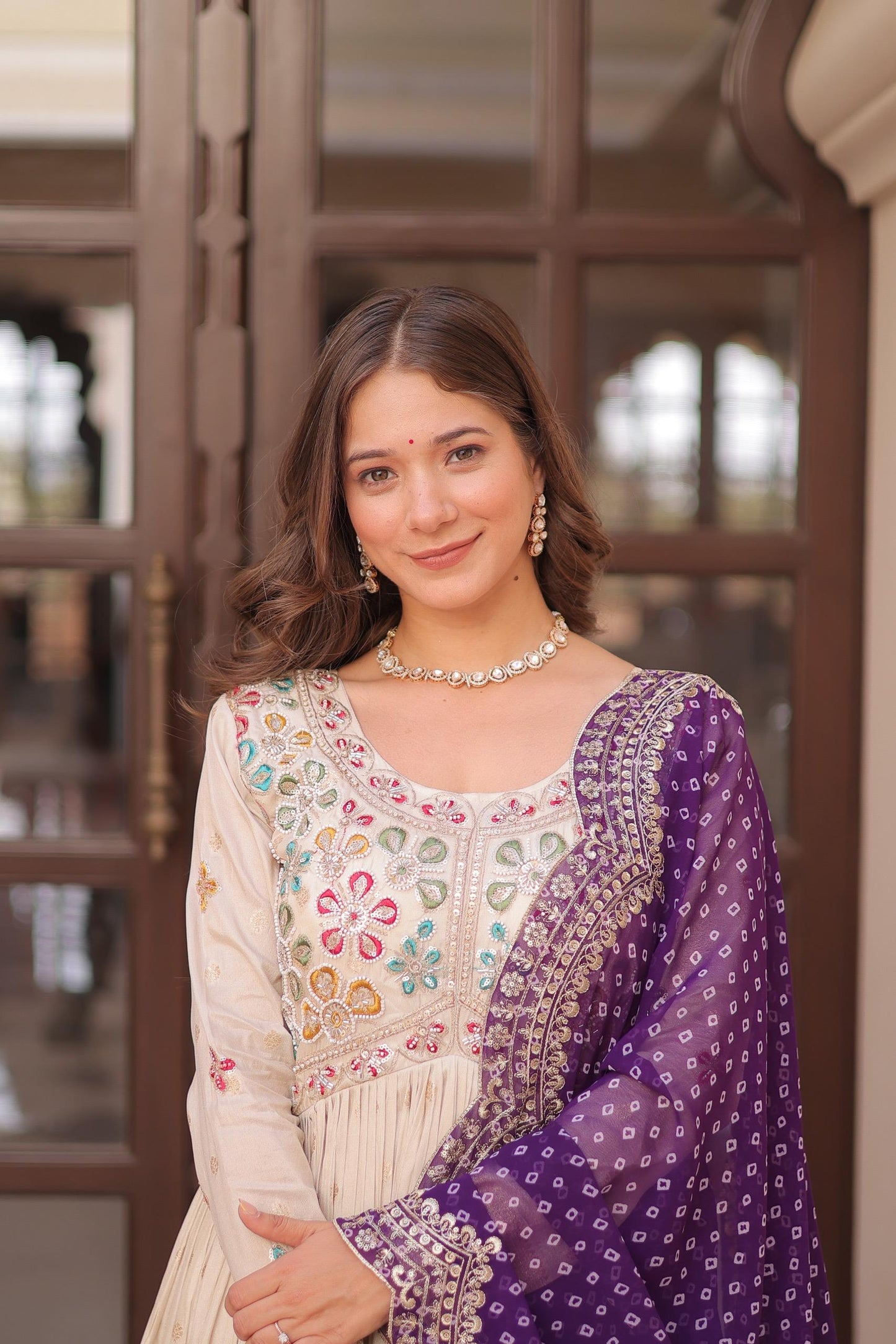 Cream Jacquard with Pearl Gown with Purple Duppta