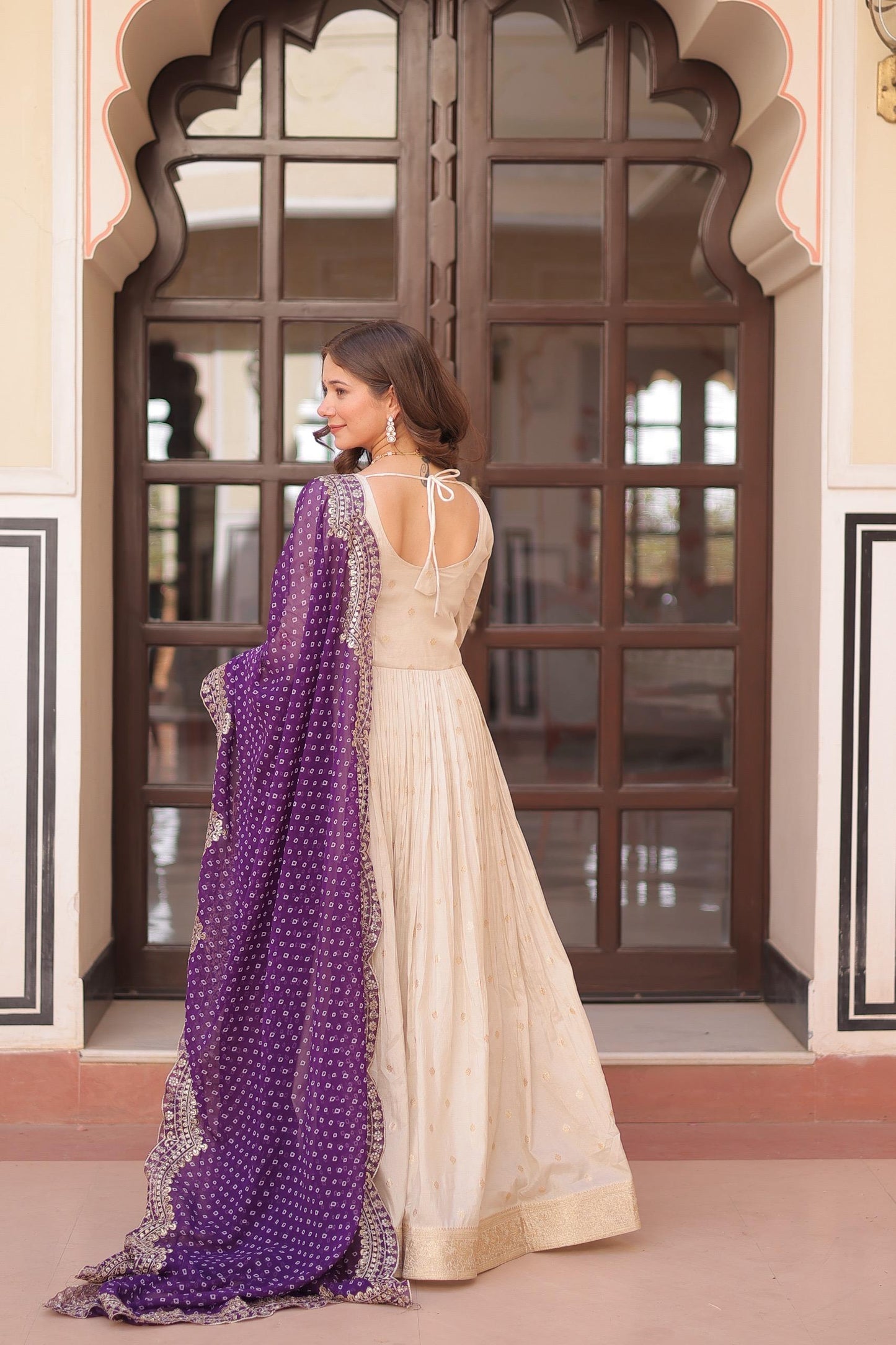 Cream Jacquard with Pearl Gown with Purple Duppta
