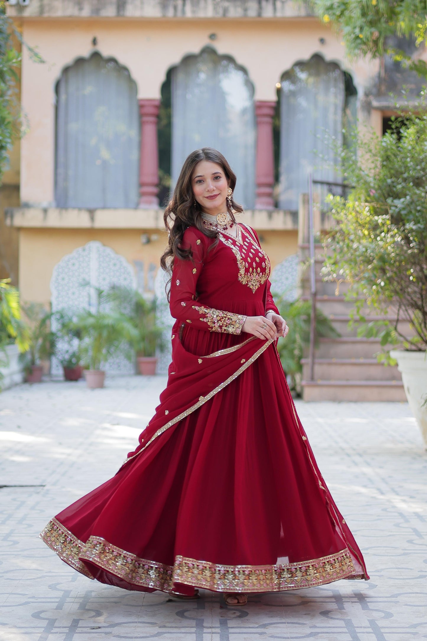 Maroon Rich Sequins Embroidered work Gown