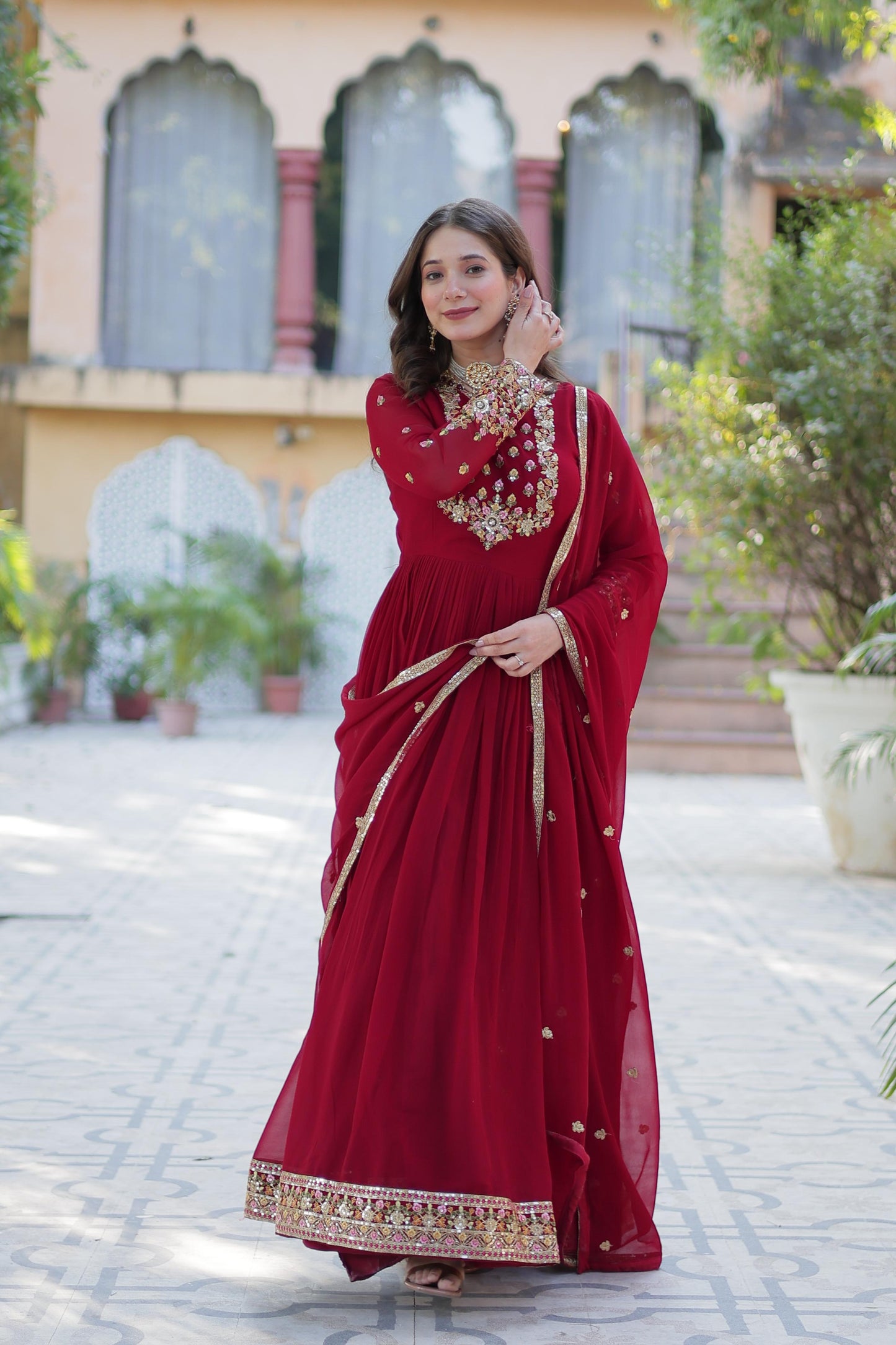 Maroon Rich Sequins Embroidered work Gown