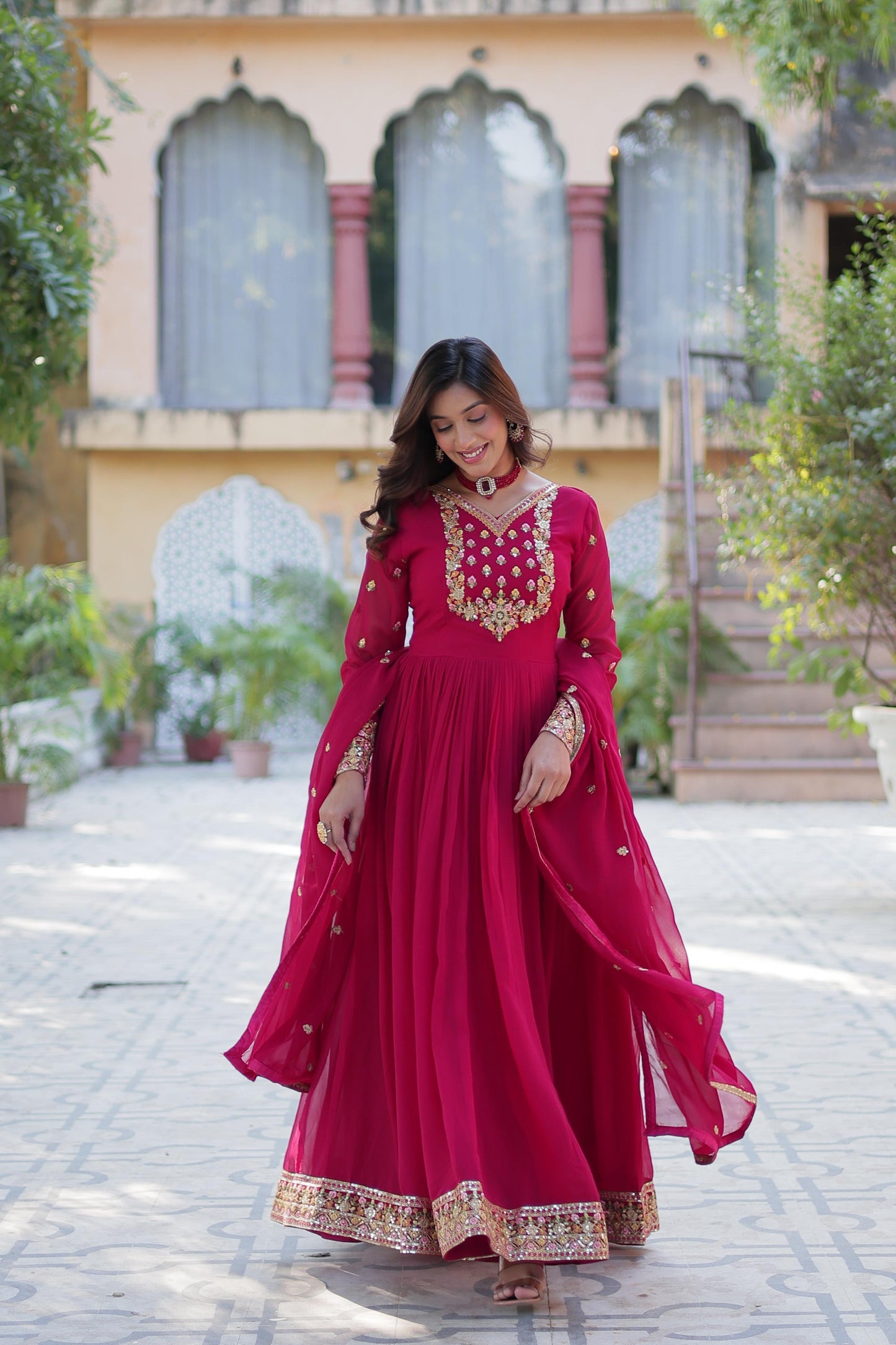 Pink Faux Blooming Georgette Gown