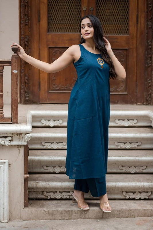 Midnight Blue Pure Cotton Mirror work Cord Set