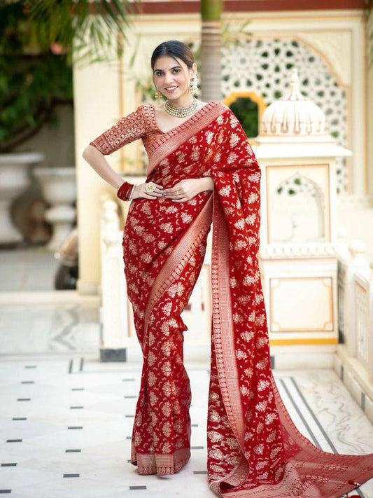 Red Beautiful Golden Zari work Silk Saree