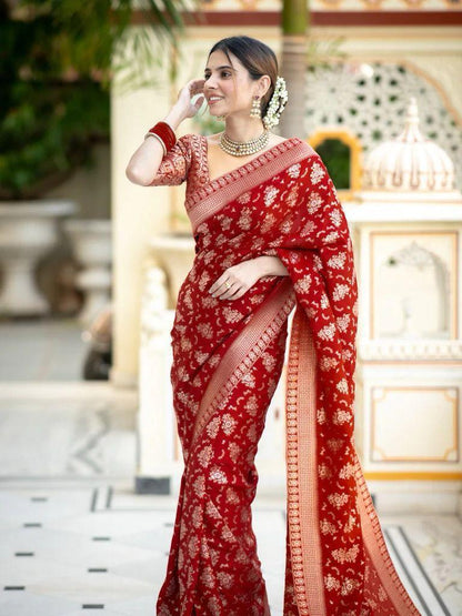Red Beautiful Golden Zari work Silk Saree