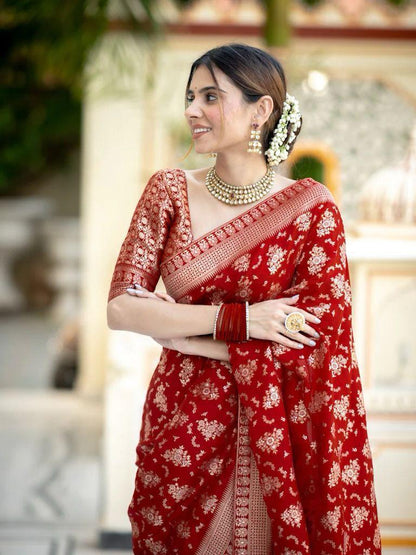 Red Beautiful Golden Zari work Silk Saree