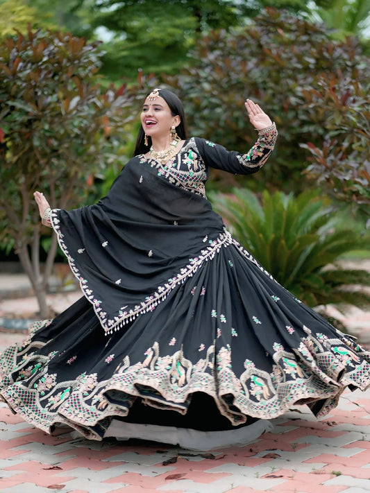Black Chinon Wedding Lehenga Choli