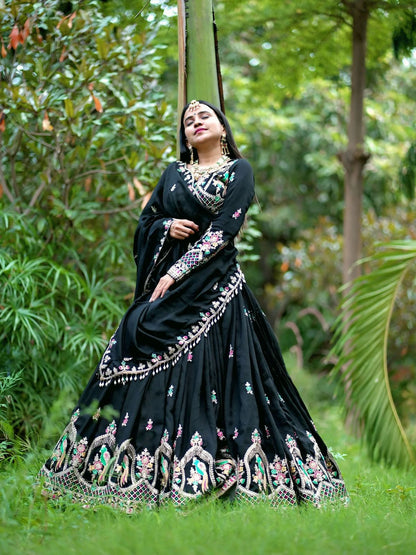 Black Chinon Wedding Lehenga Choli