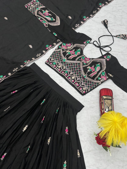 Black Chinon Wedding Lehenga Choli