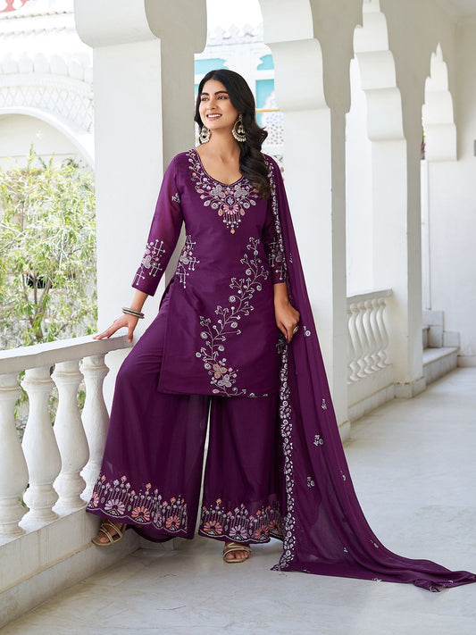 Purple Traditional Fully Stitched Kurti Plazo