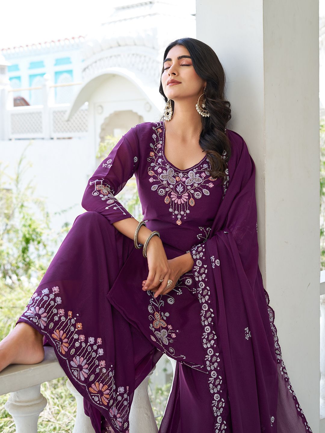 Purple Traditional Fully Stitched Kurti Plazo