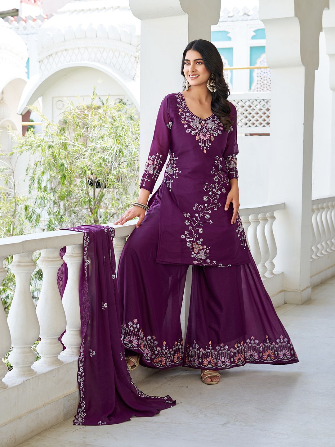 Purple Traditional Fully Stitched Kurti Plazo