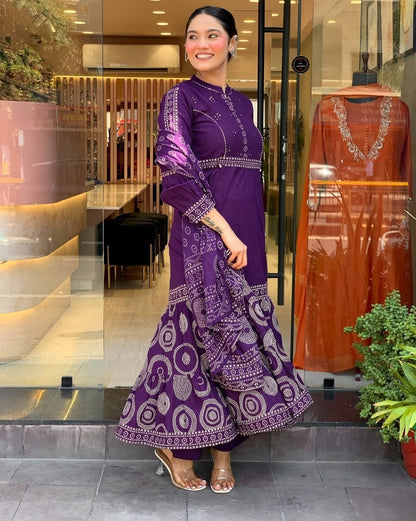 Purple Muslim Cotton Embroidered Kurti