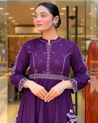Purple Muslim Cotton Embroidered Kurti