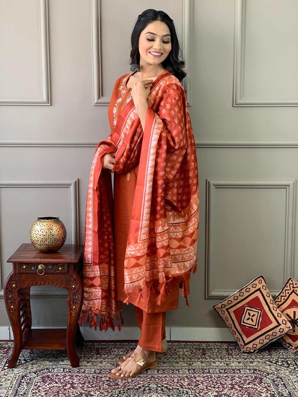 Orange Handloom Khadi Cotton Suit