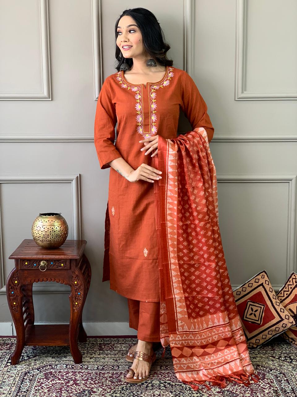 Orange Handloom Khadi Cotton Suit