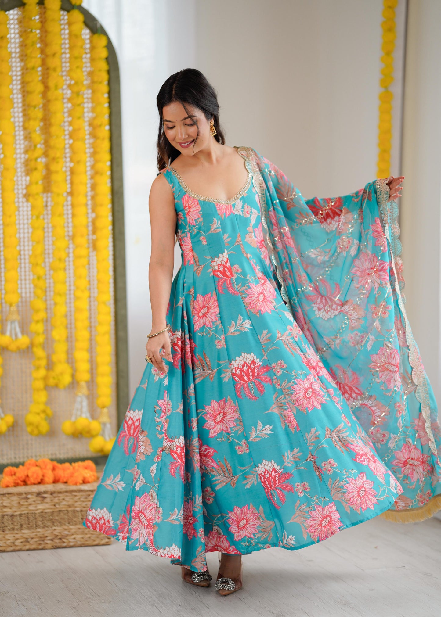 Blue Floral Print Straight Kali Cut Anarkali Suit