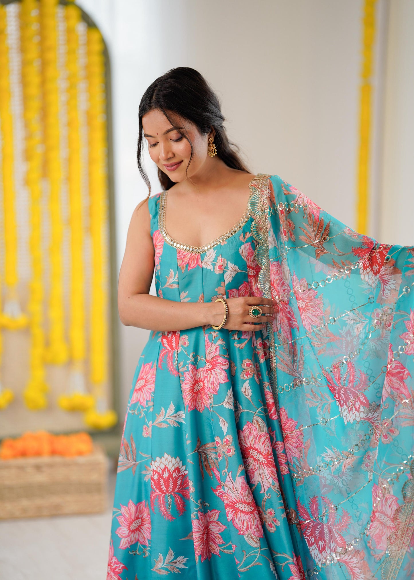 Blue Floral Print Straight Kali Cut Anarkali Suit