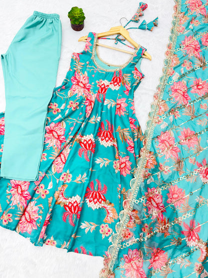 Blue Floral Print Straight Kali Cut Anarkali Suit
