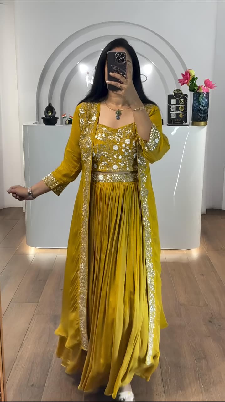 Yellow Chinnon Silk Three Piece Set